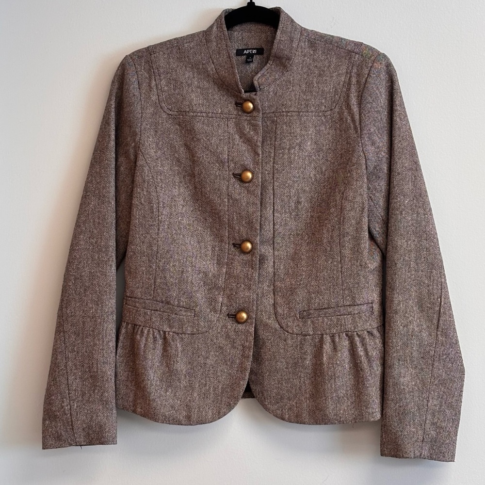 APT 9 Tweed Blazer Jacket Size 8 Brown Gold Button Peplum Career